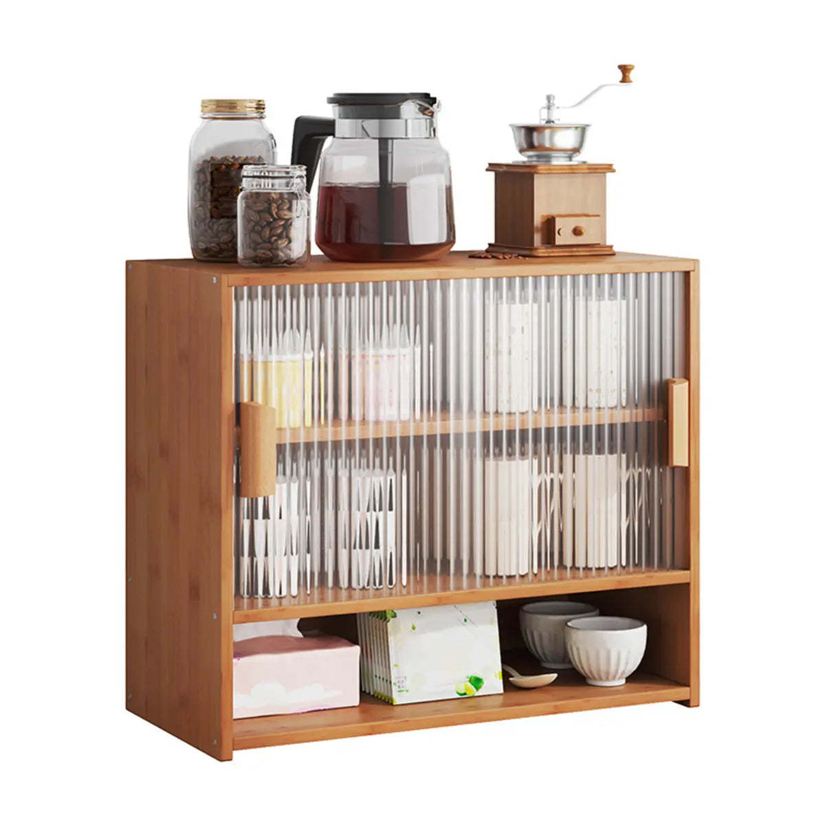 Ribbed Glass Wood Kitchen China Cabinet — Tan / 2