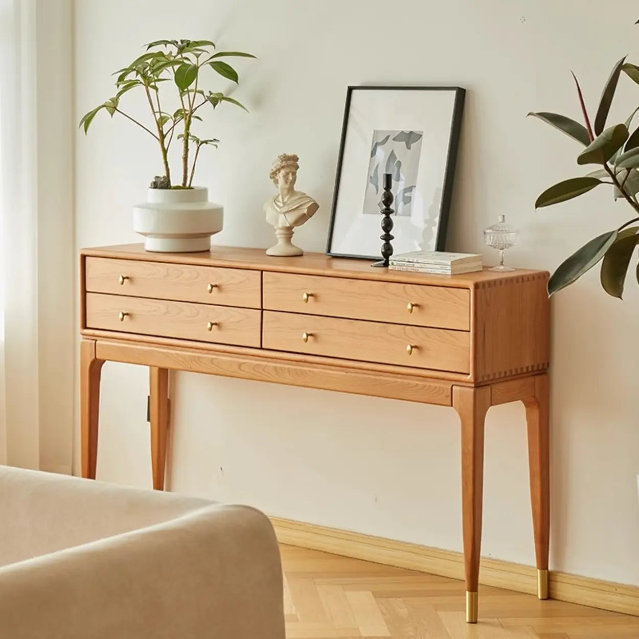 Rectangular Wood Console Table with Storage Drawers