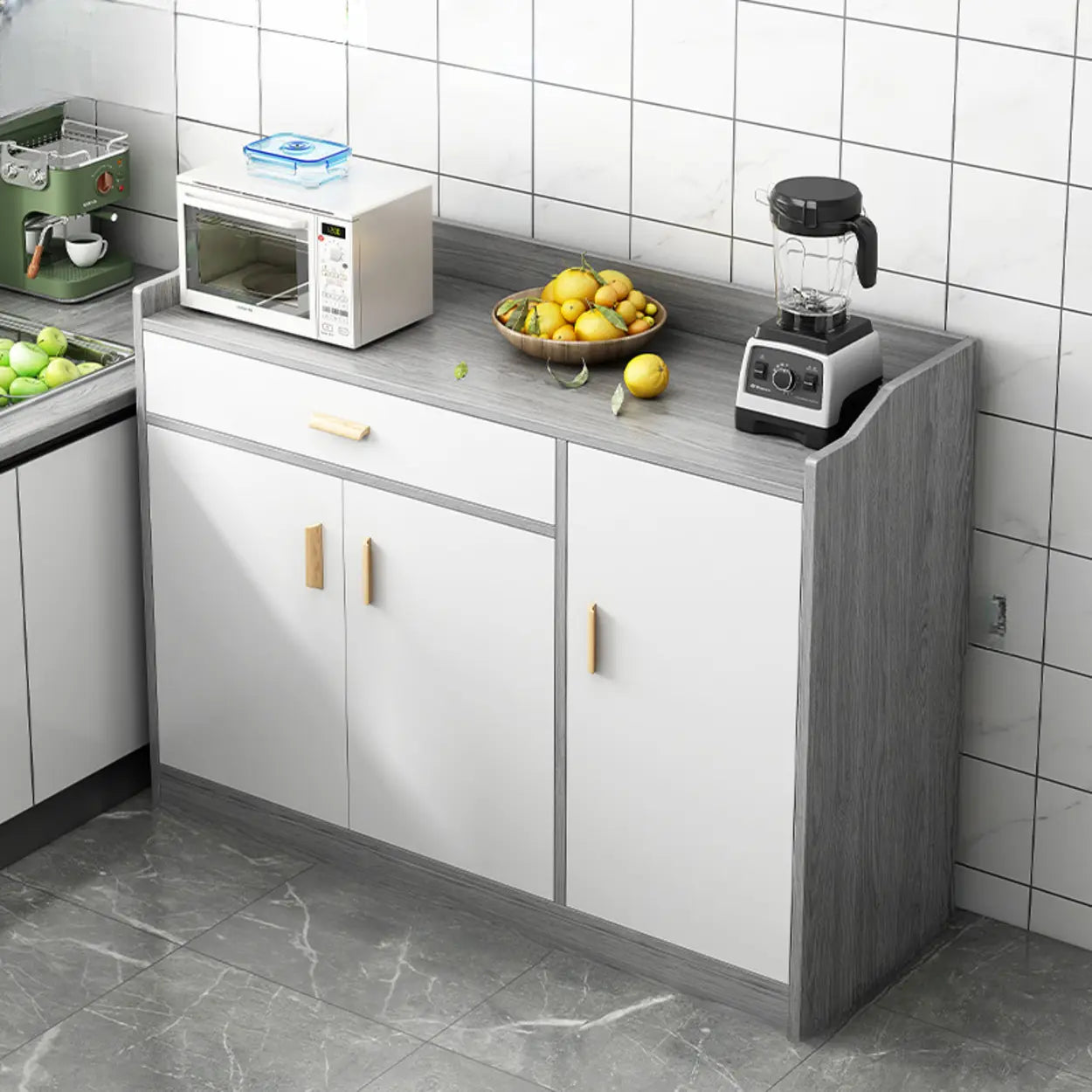 Rectangular White Wood Kitchen Sideboard