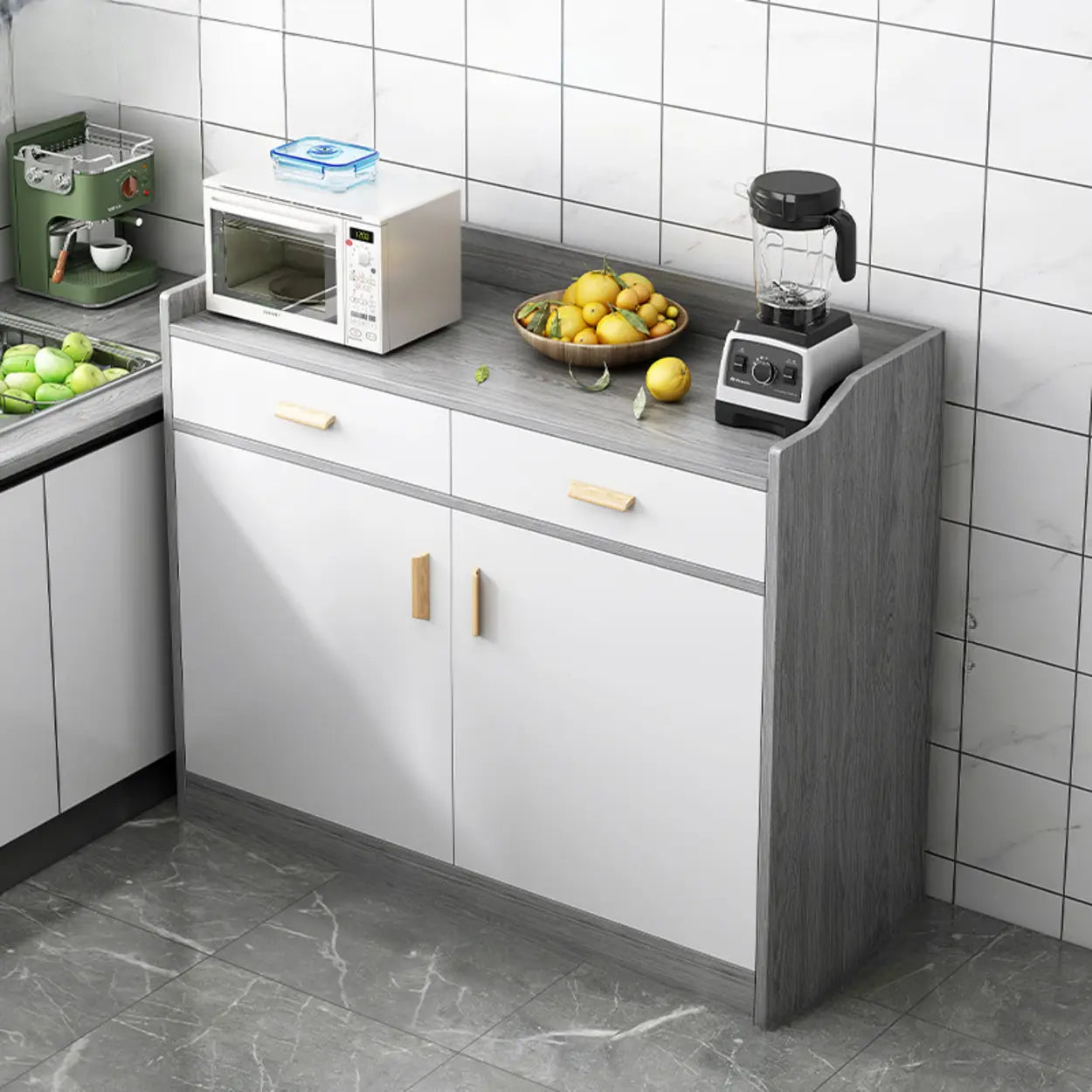 Rectangular White Wood Kitchen Sideboard