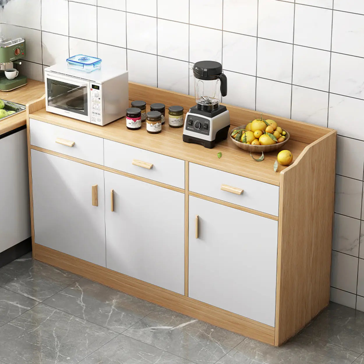 Rectangular White Wood Kitchen Sideboard