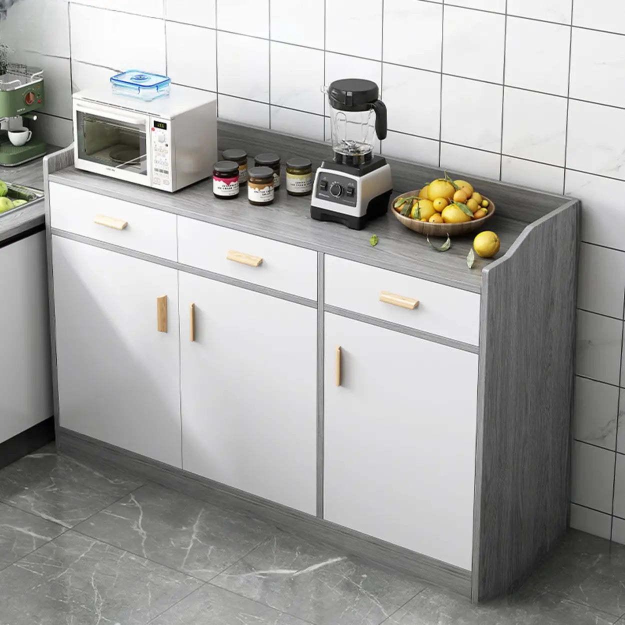 Rectangular White Wood Kitchen Sideboard — Grey