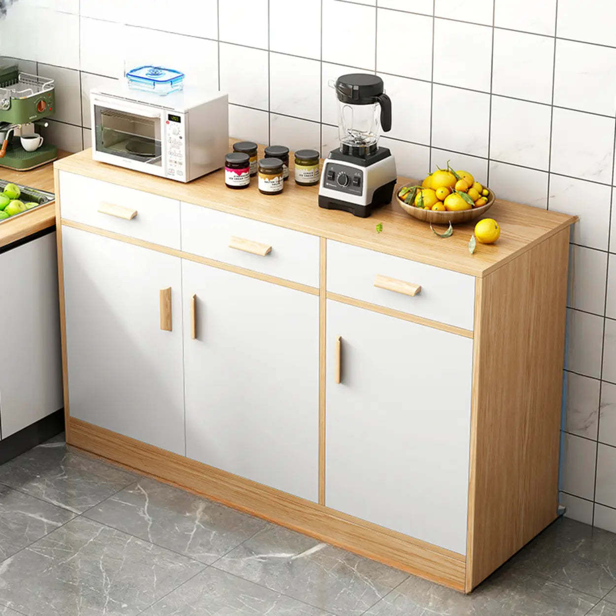 Rectangular White Wood Kitchen Sideboard — Natural