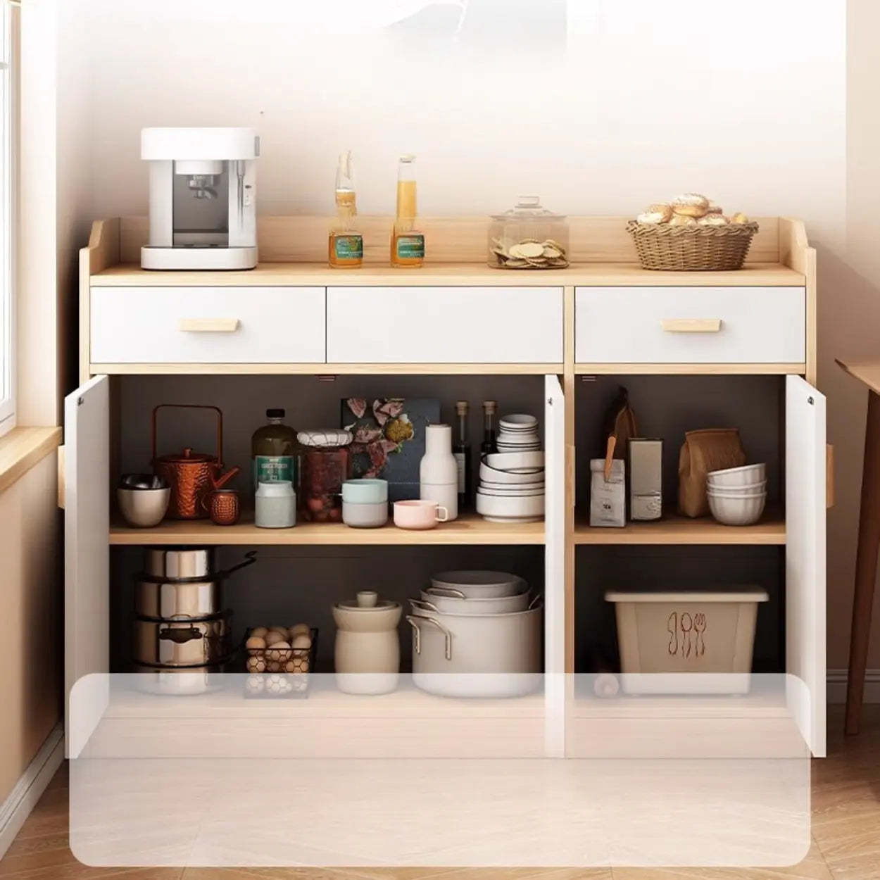 Rectangular White Wood Kitchen Sideboard — Natural