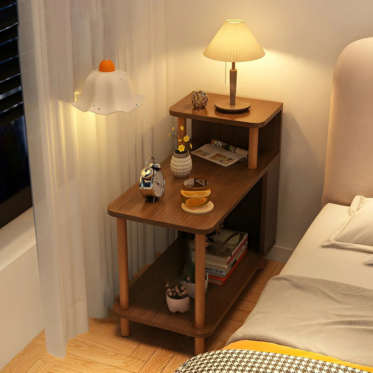 Rectangular White Wood Nightstand with Shelf — Grey / 2 Piece Set