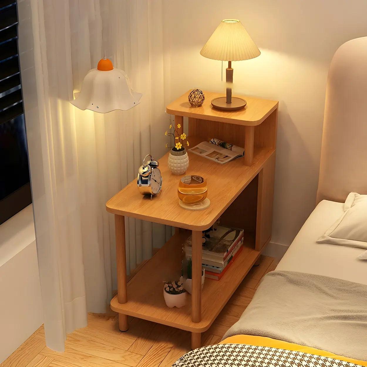 Rectangular White Wood Nightstand with Shelf — Maple / 1 Piece
