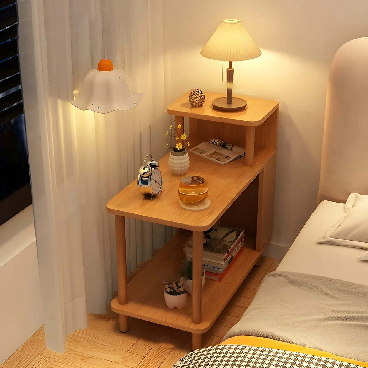Rectangular White Wood Nightstand with Shelf — Maple / 1 Piece