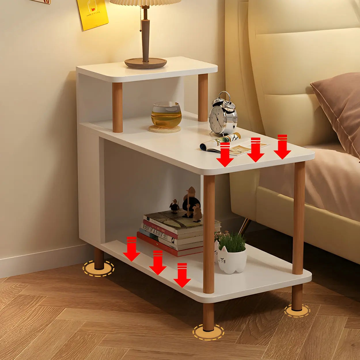 Rectangular White Wood Nightstand with Shelf — Maple / 2 Piece Set