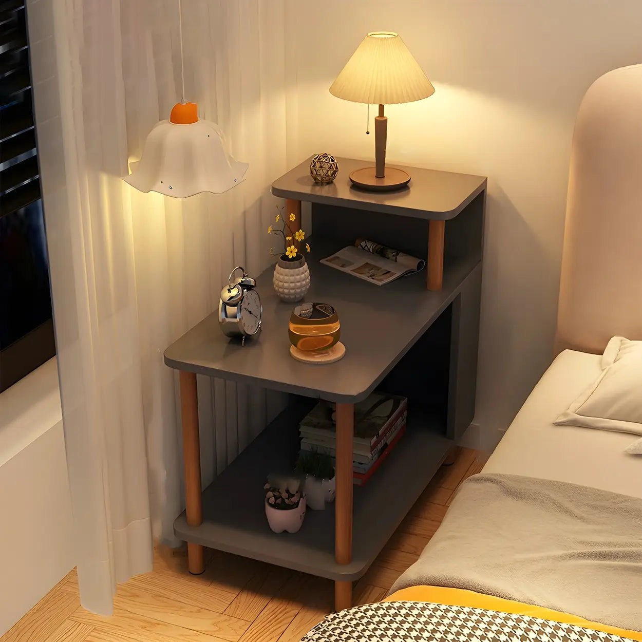 Rectangular White Wood Nightstand with Shelf — White / 1 Piece