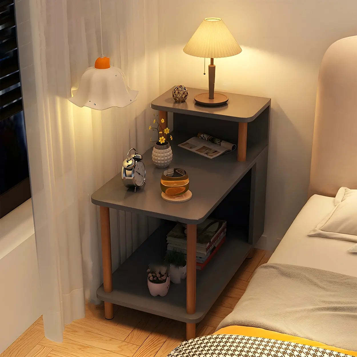 Rectangular White Wood Nightstand with Shelf — White / 1 Piece