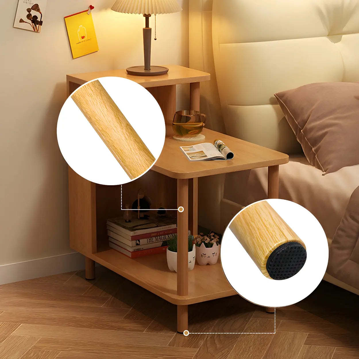 Rectangular White Wood Nightstand with Shelf — Light Walnut / 1 Piece