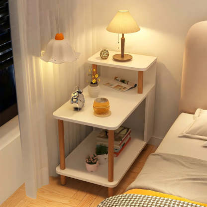 Rectangular White Wood Nightstand with Shelf — Light Walnut / 2 Piece Set