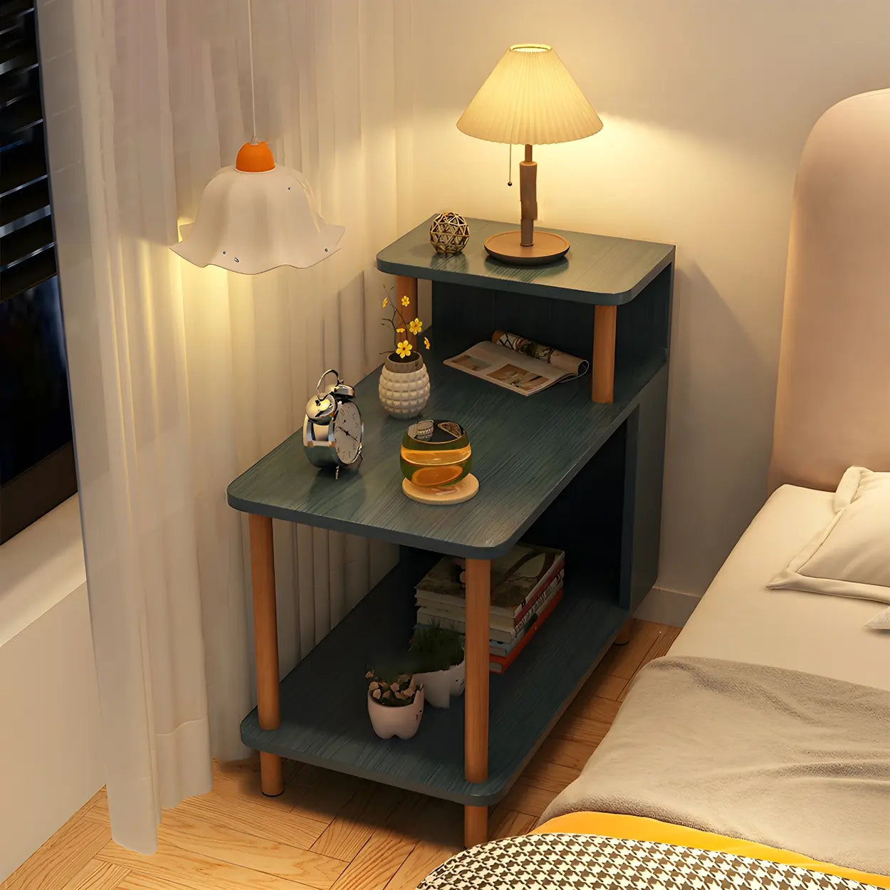 Rectangular White Wood Nightstand with Shelf — Oak / 1 Piece