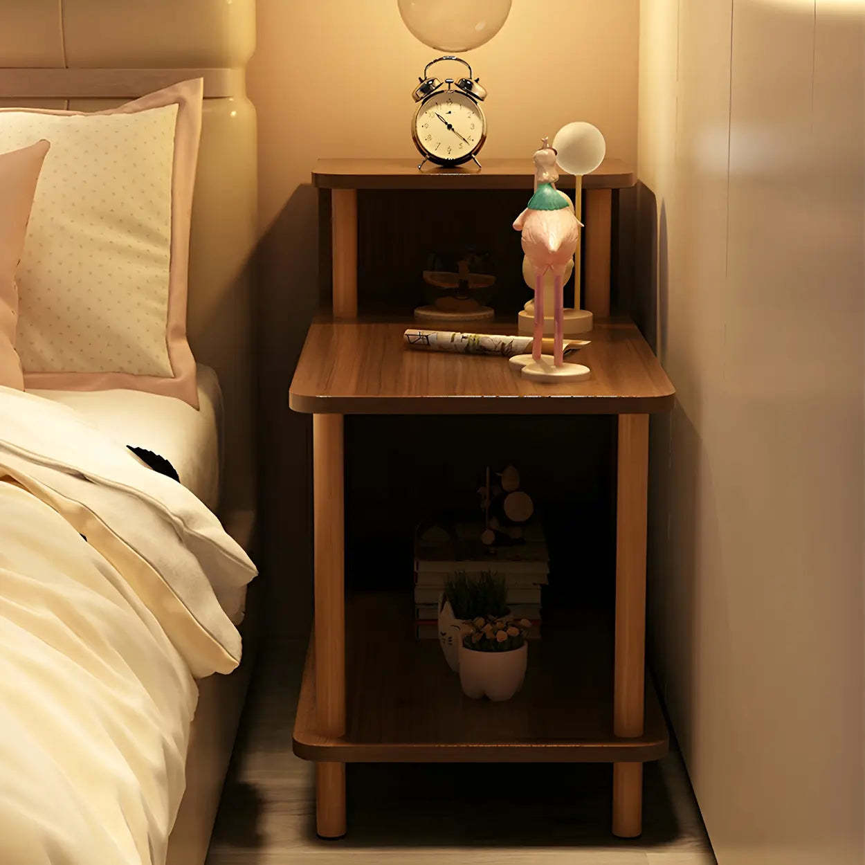 Rectangular White Wood Nightstand with Shelf — Oak / 2 Piece Set
