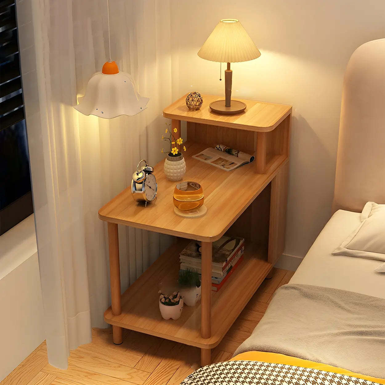 Rectangular White Wood Nightstand with Shelf — Blue / 1 Piece
