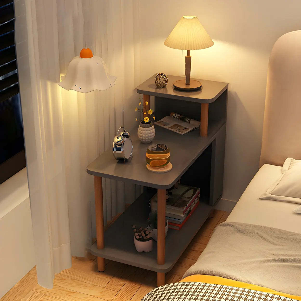 Rectangular White Wood Nightstand with Shelf — White / 2 Piece Set