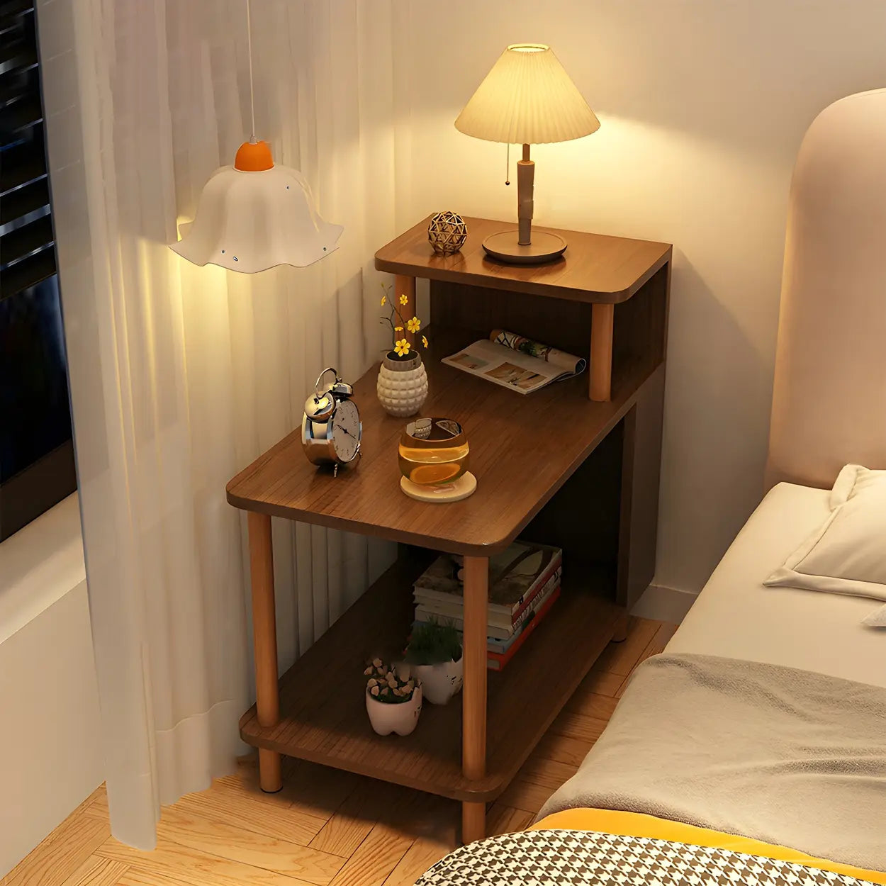 Rectangular White Wood Nightstand with Shelf — Blue / 2 Piece Set