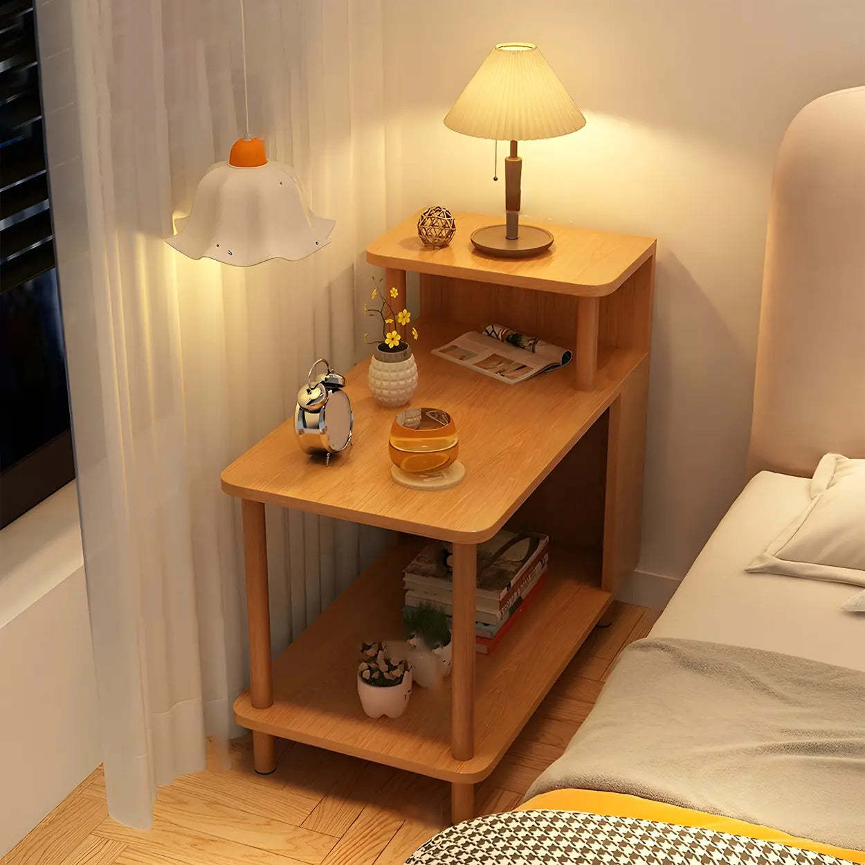 Rectangular White Wood Nightstand with Shelf — Grey / 1 Piece
