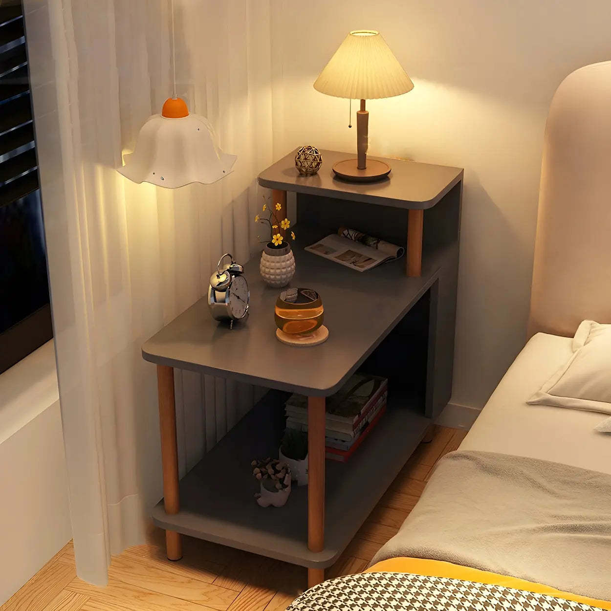 Rectangular White Wood Nightstand with Shelf — Grey / 2 Piece Set