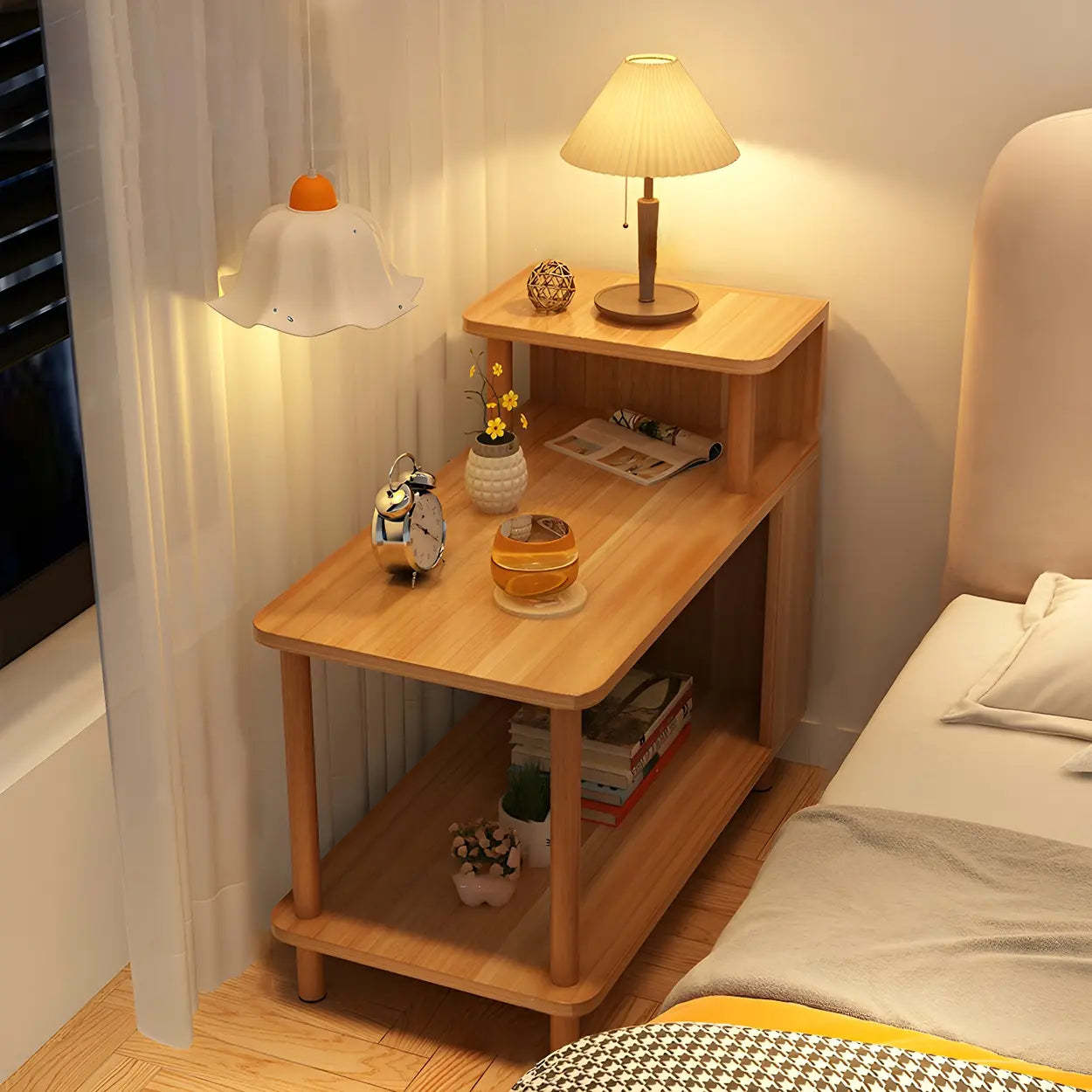 Rectangular White Wood Nightstand with Shelf — Maple / 2 Piece Set