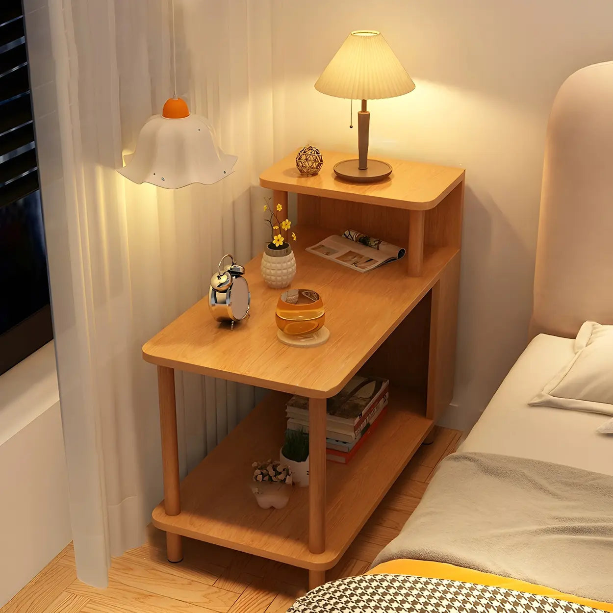 Rectangular White Wood Nightstand with Shelf — White / 2 Piece Set