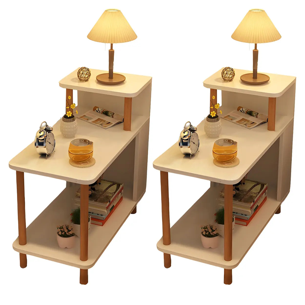 Rectangular White Wood Nightstand with Shelf — Light Walnut / 2 Piece Set