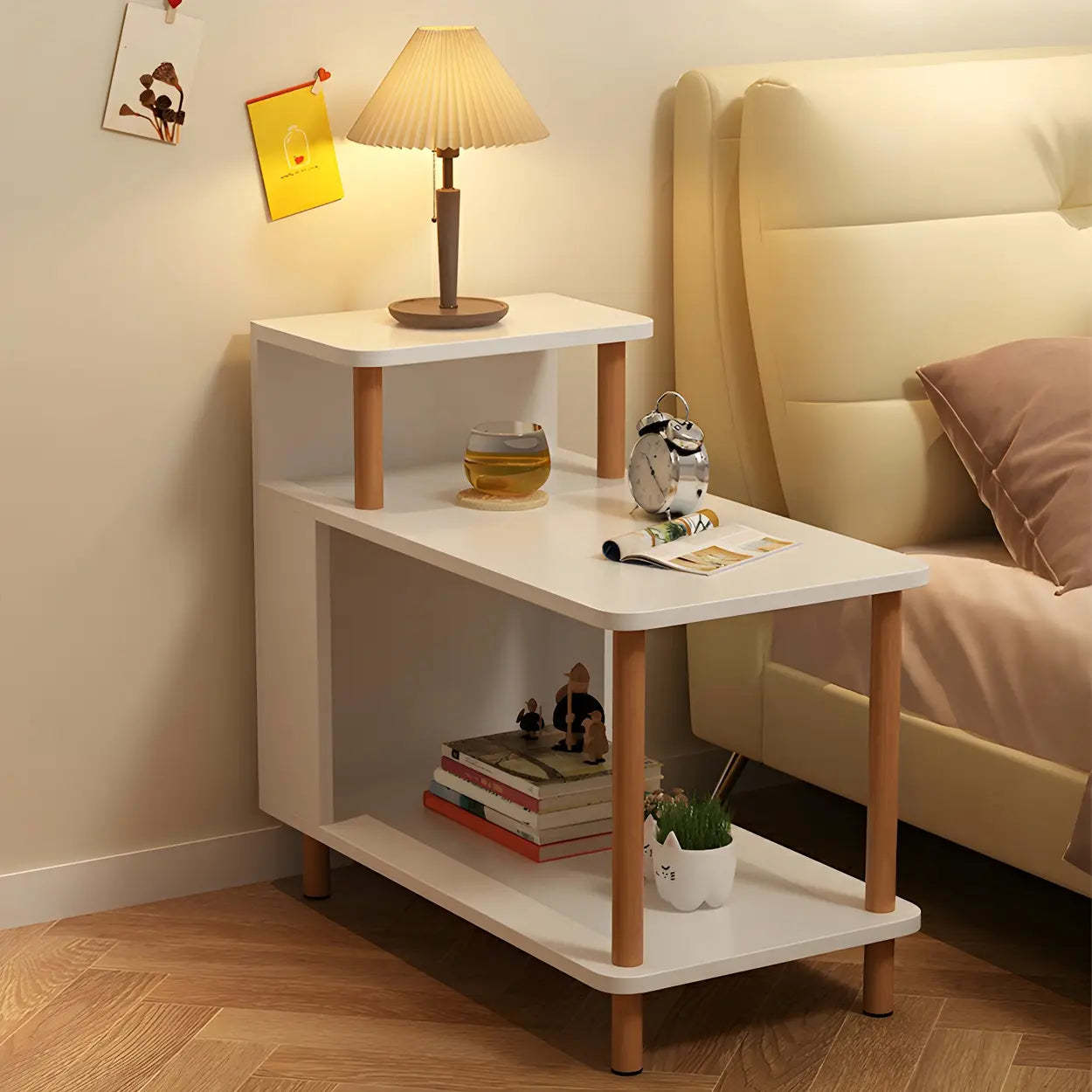 Rectangular White Wood Nightstand with Shelf — Light Walnut / 1 Piece