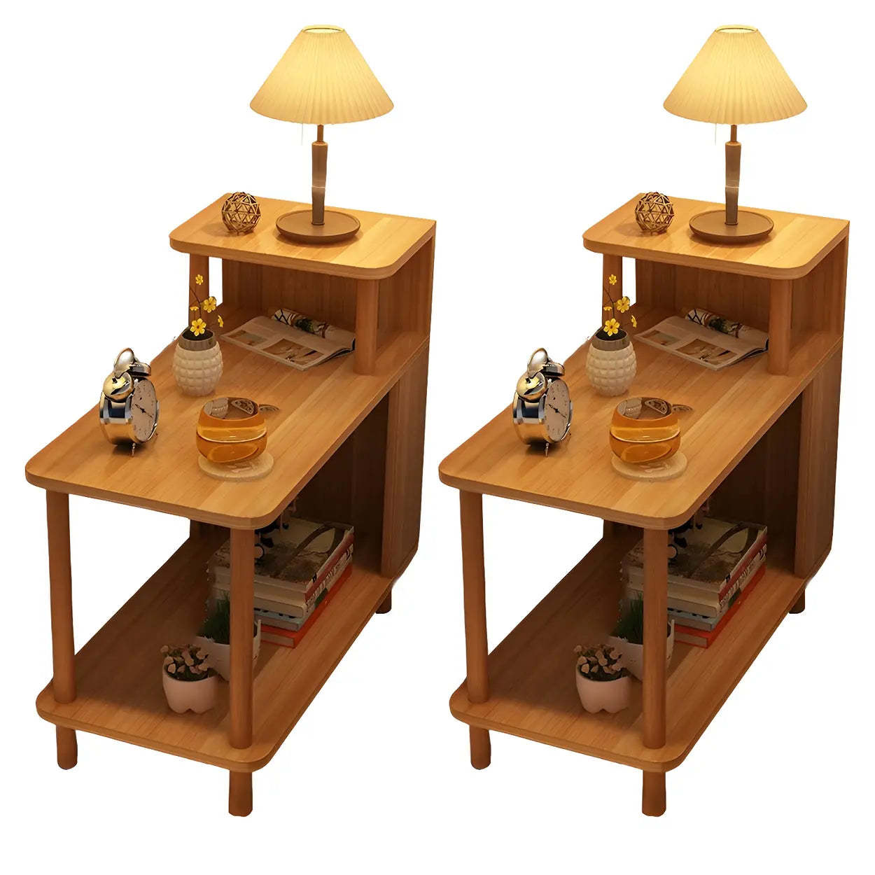 Rectangular White Wood Nightstand with Shelf — Oak / 2 Piece Set