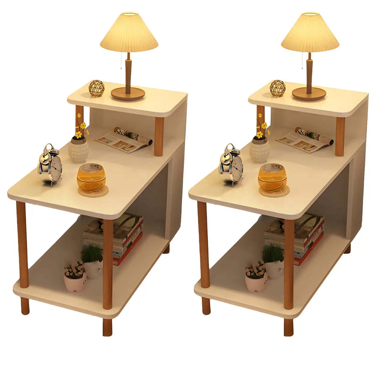 Rectangular White Wood Nightstand with Shelf — Grey / 2 Piece Set
