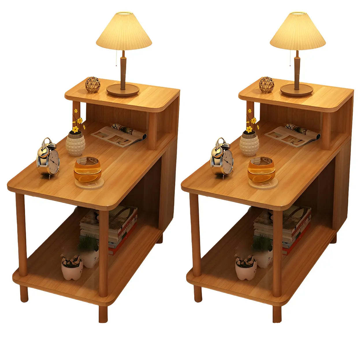 Rectangular White Wood Nightstand with Shelf — Maple / 2 Piece Set