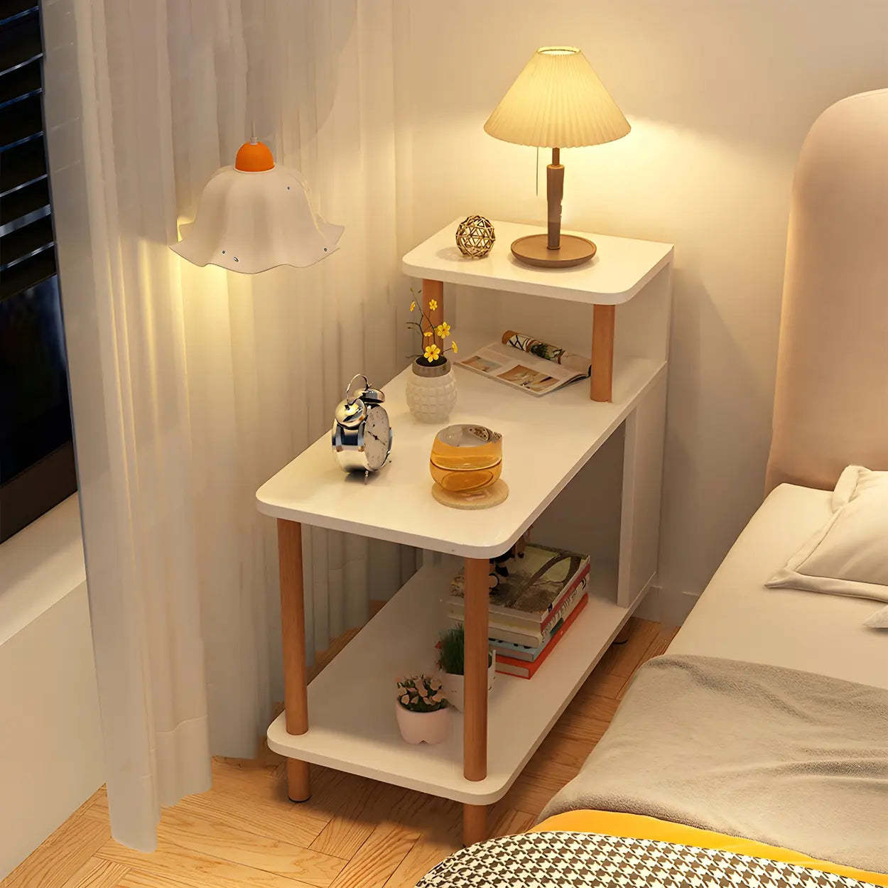 Rectangular White Wood Nightstand with Shelf — Light Walnut / 2 Piece Set