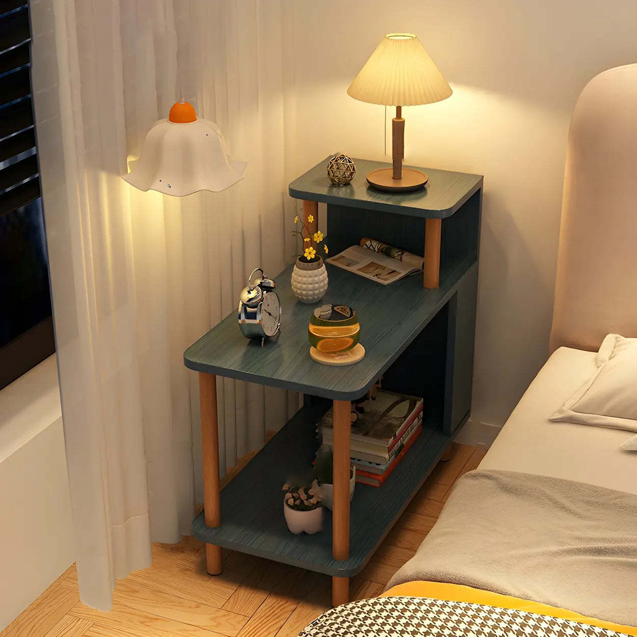 Rectangular White Wood Nightstand with Shelf — Oak / 1 Piece