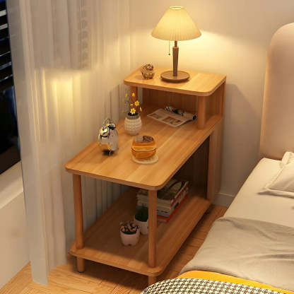 Rectangular White Wood Nightstand with Shelf — Oak / 2 Piece Set