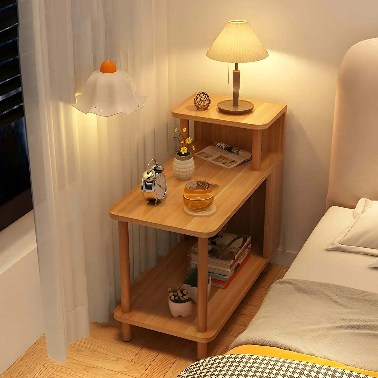 Rectangular White Wood Nightstand with Shelf — Blue / 1 Piece