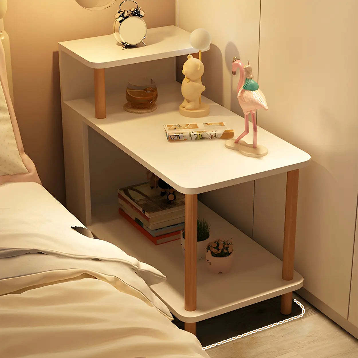 Rectangular White Wood Nightstand with Shelf — Blue / 2 Piece Set