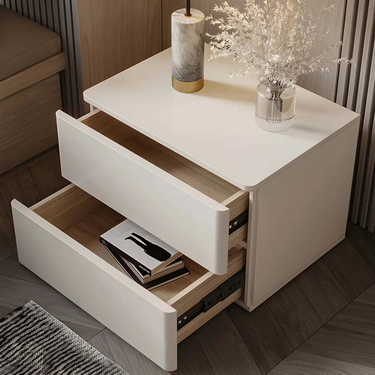 Rectangular White Wood 2-Drawer Nightstand — White / 2 Piece Set