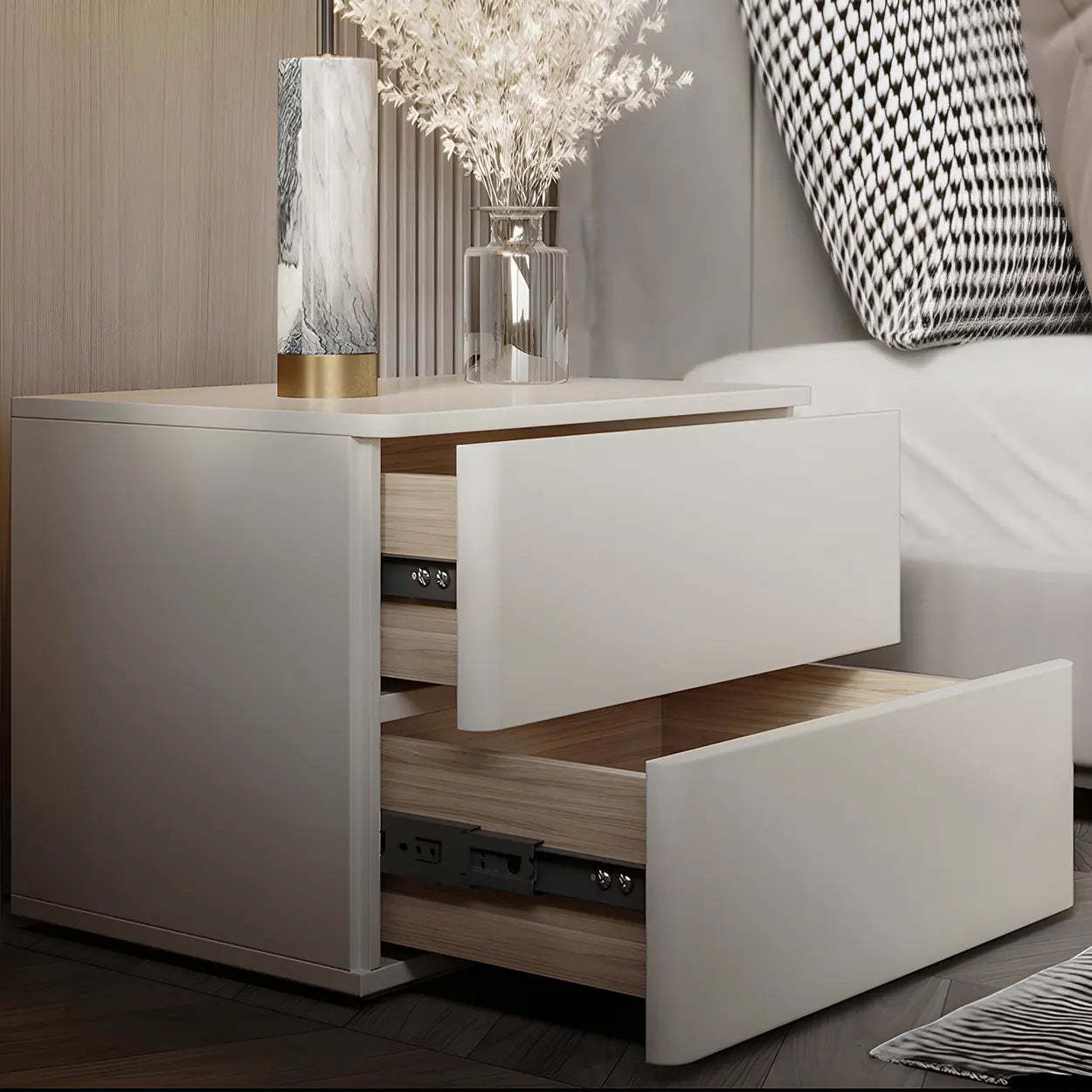 Rectangular White Wood 2-Drawer Nightstand — Black / 1 Piece