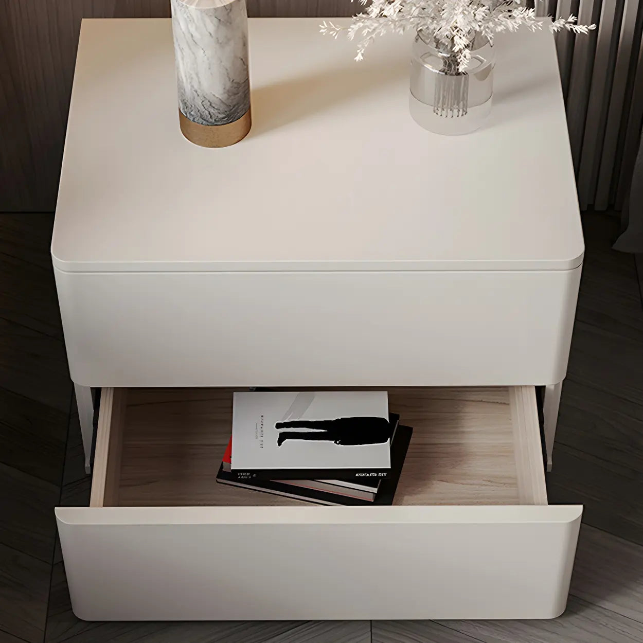 Rectangular White Wood 2-Drawer Nightstand — Milk Tea Color / 2 Piece Set