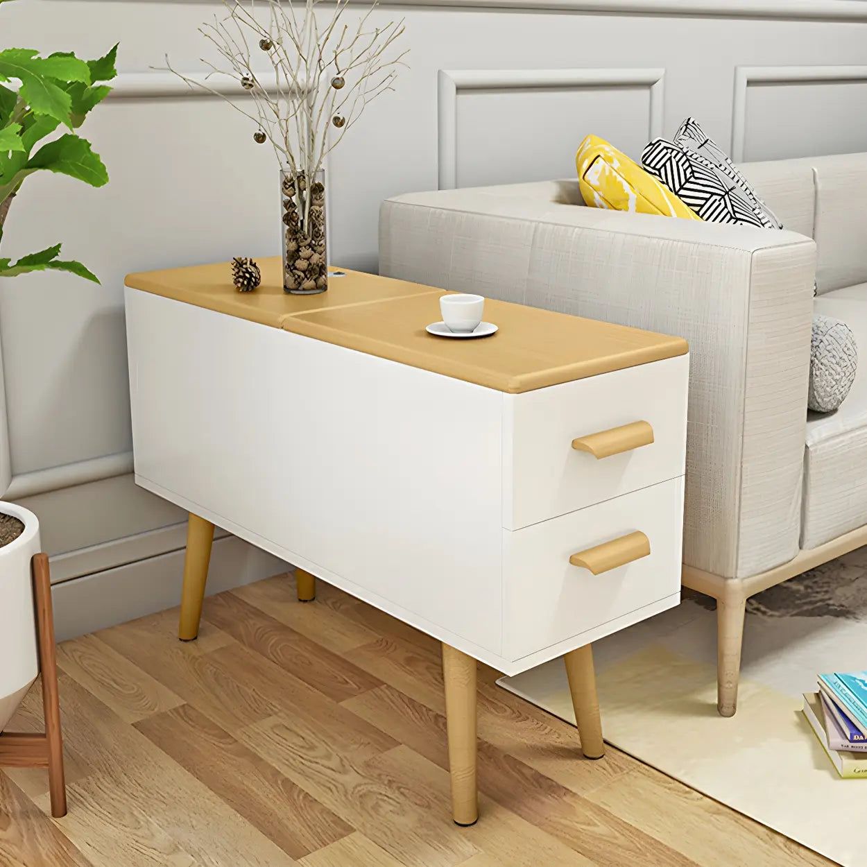 White Rectangular Wood Side Table with Drawers — White / 2