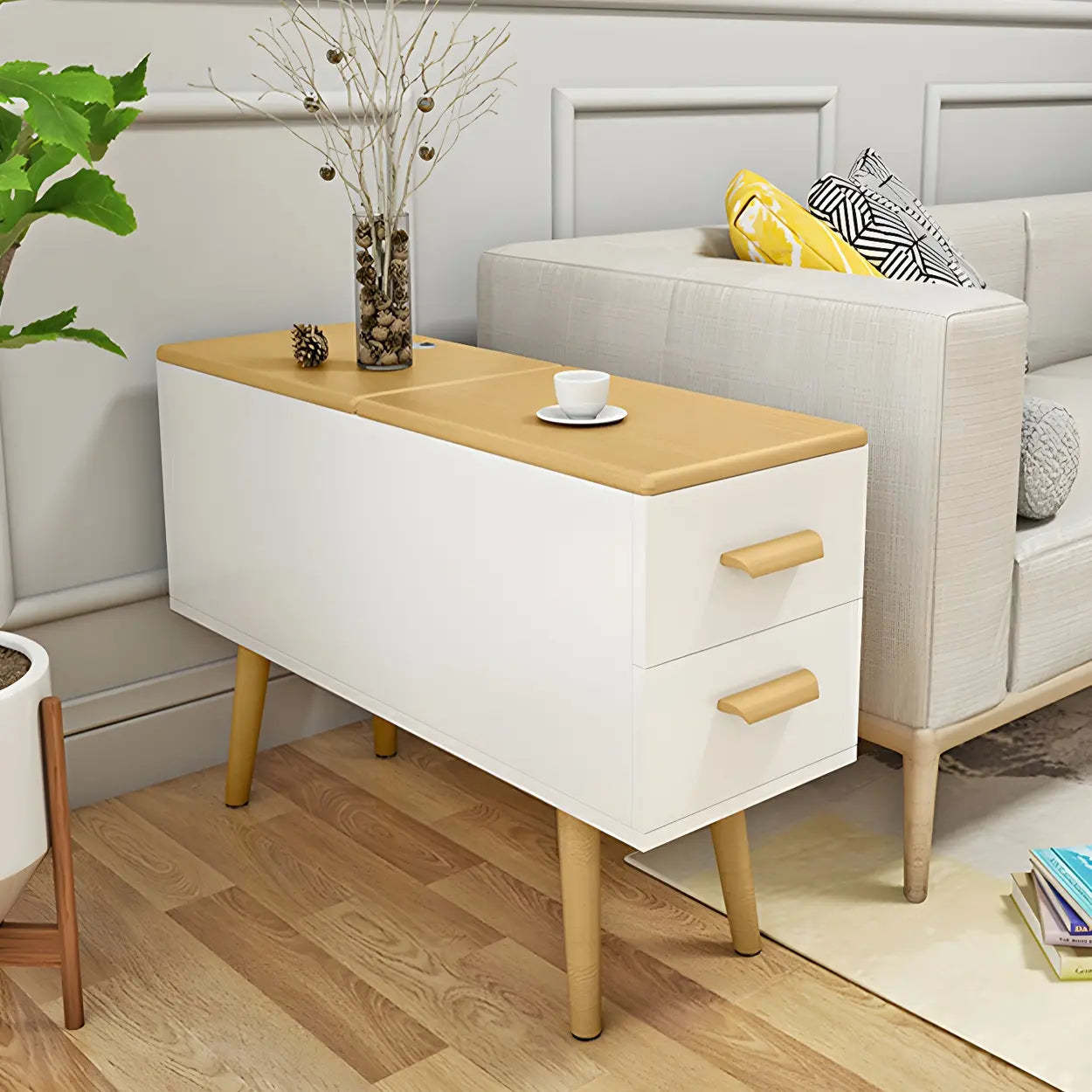 White Rectangular Wood Side Table with Drawers — White / 2