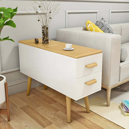 White Rectangular Wood Side Table with Drawers — White / 2