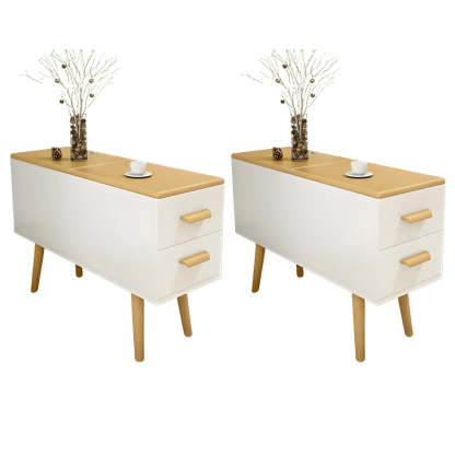 White Rectangular Wood Side Table with Drawers — Natural Finish / 1
