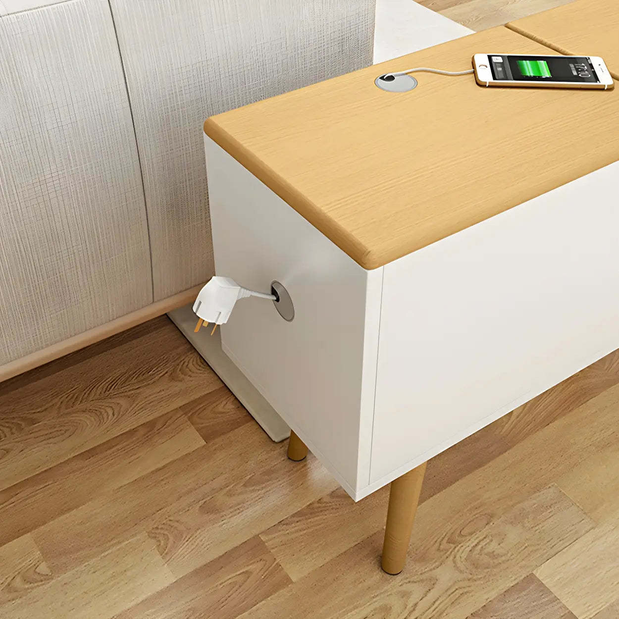 White Rectangular Wood Side Table with Drawers — Natural Finish / 2