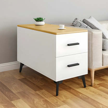 White Rectangular Wood Side Table with Drawers — Natural Wood/ White / 1