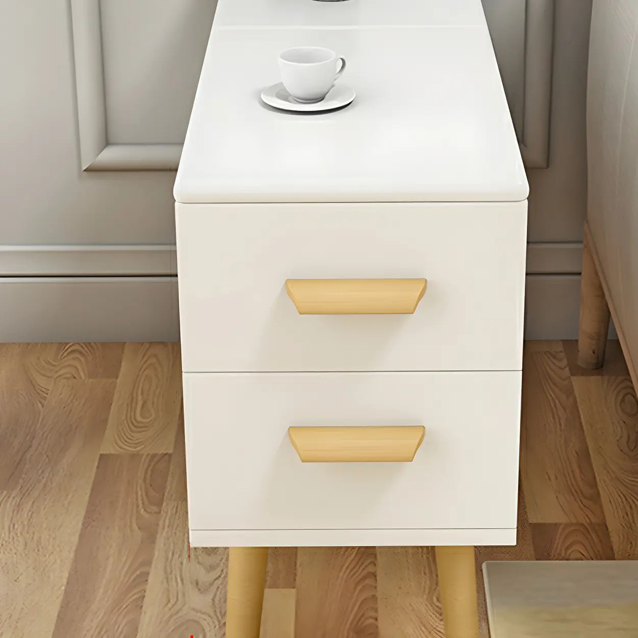 White Rectangular Wood Side Table with Drawers — Natural Wood/ White / 2