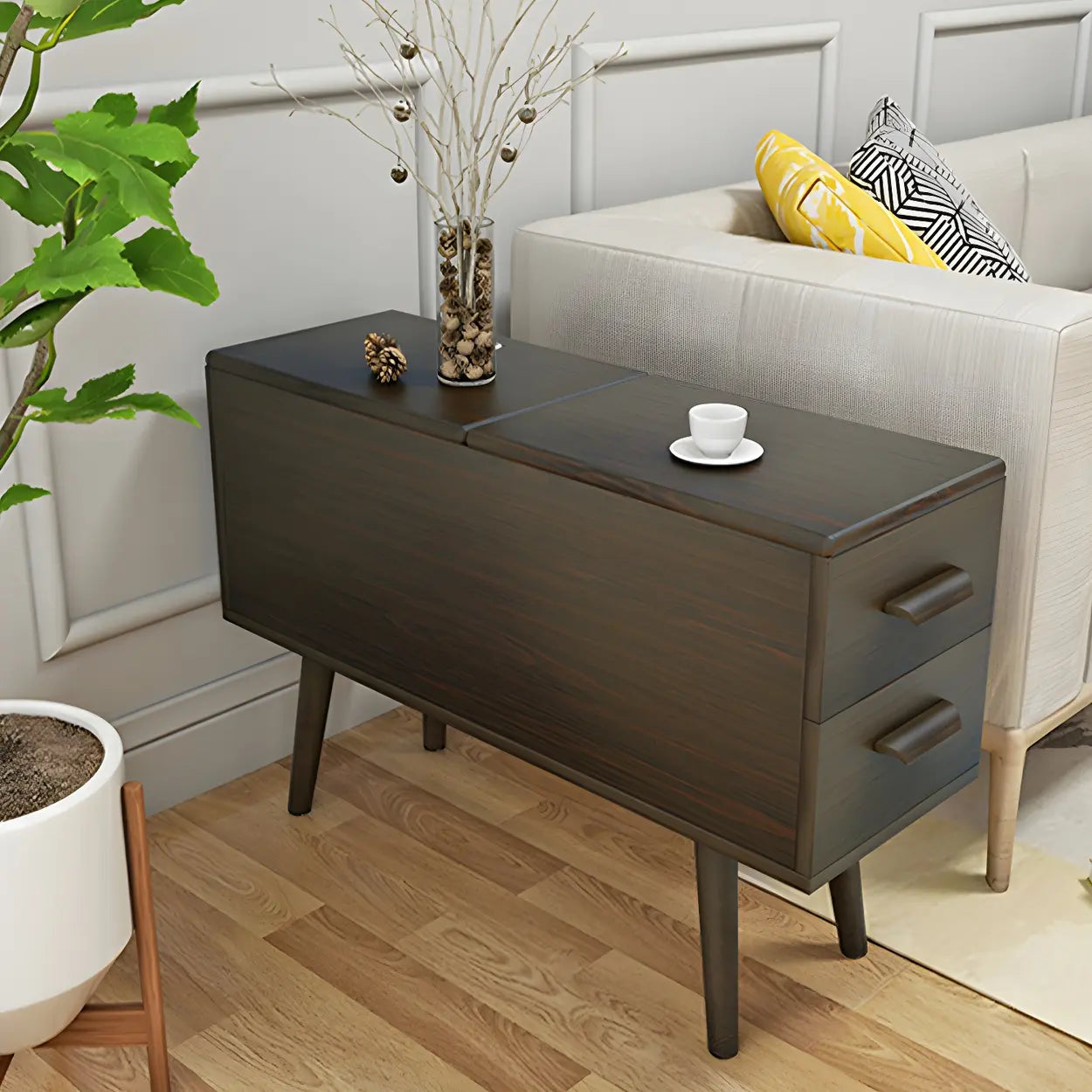 White Rectangular Wood Side Table with Drawers — Natural Finish / 1