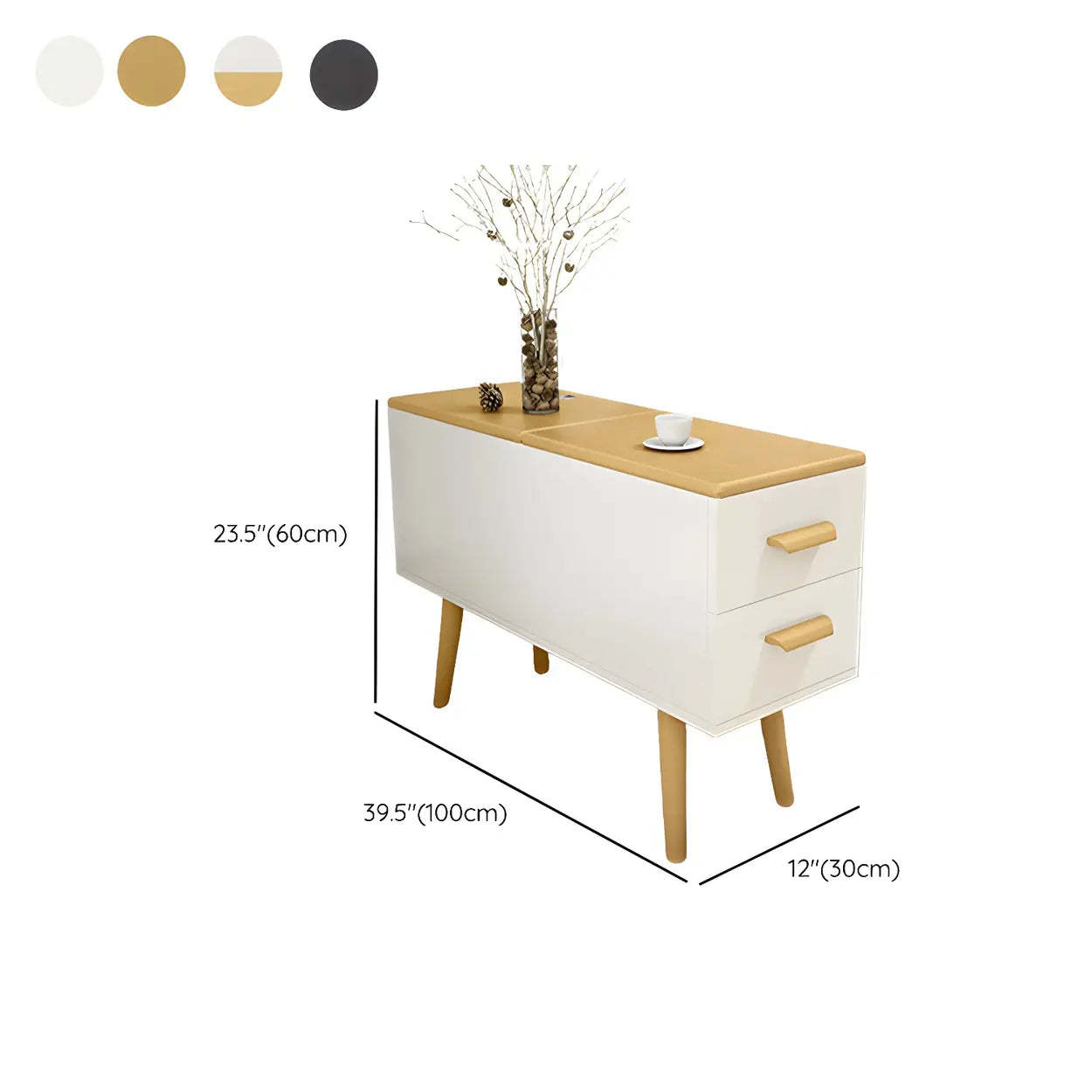 White Rectangular Wood Side Table with Drawers — Natural Wood/ White / 1