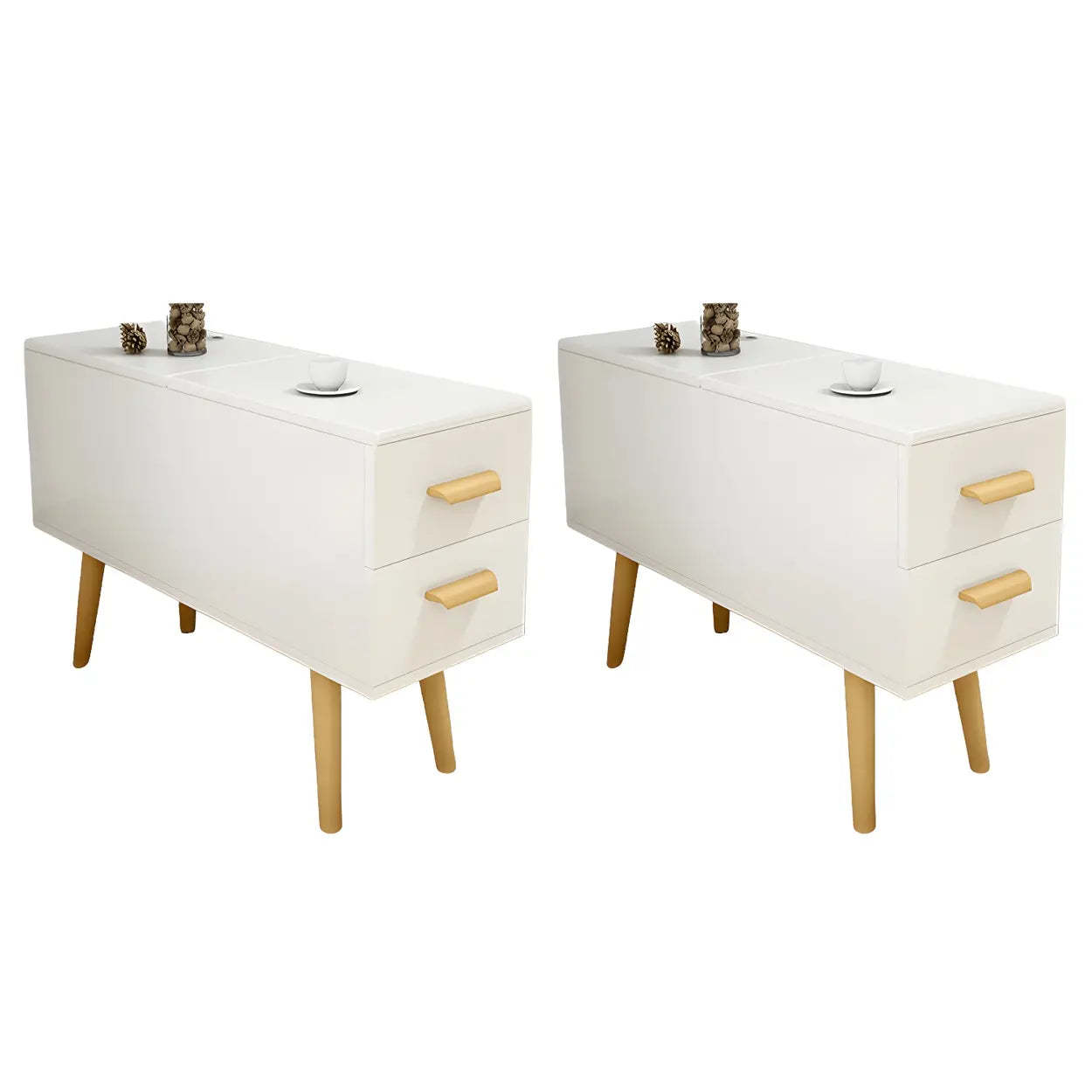 White Rectangular Wood Side Table with Drawers — Natural Finish / 1