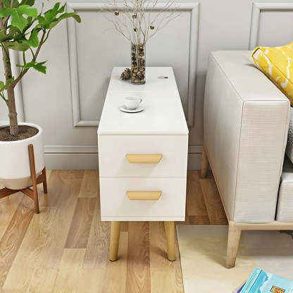 White Rectangular Wood Side Table with Drawers — Natural Finish / 2