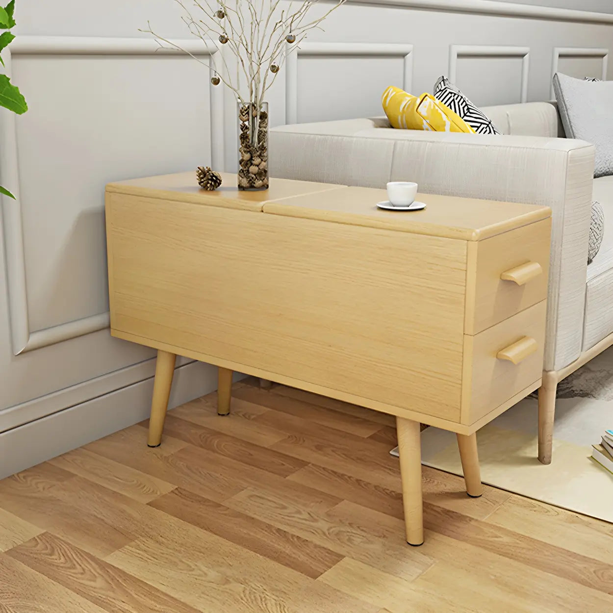 White Rectangular Wood Side Table with Drawers — Natural Wood/ White / 1